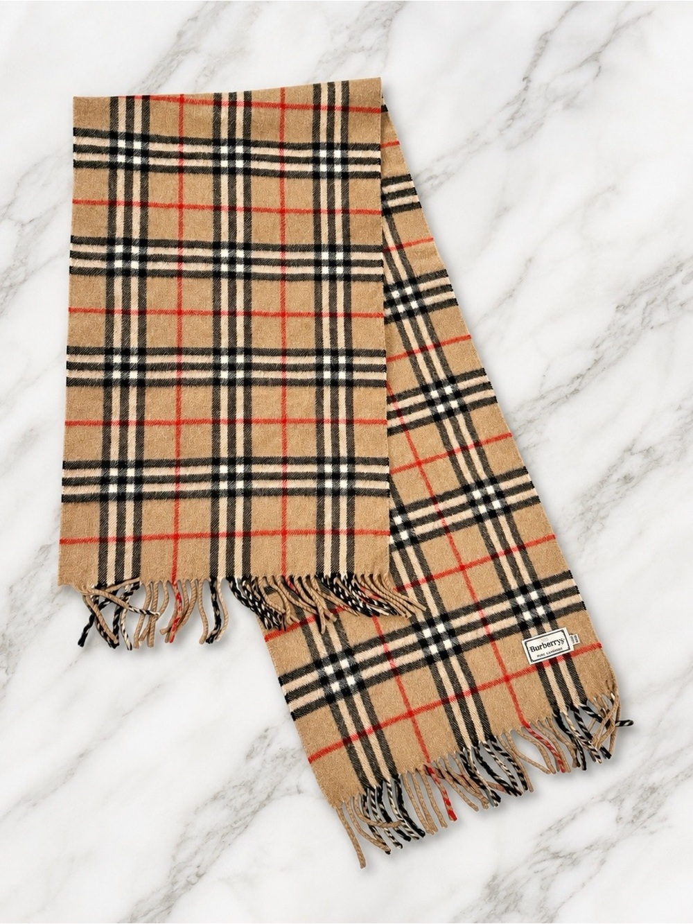 Vintage Burberry’s Beige Check Cashmere Scarf with Black and Red Stripes